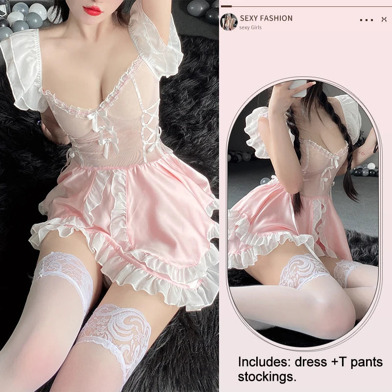 Maid Dress Cosplay Costumes Women Sexy Lingerie Perspective Erotic Underwear Sweet Uniform Skirt Maid Lace Outfit Porno Suit