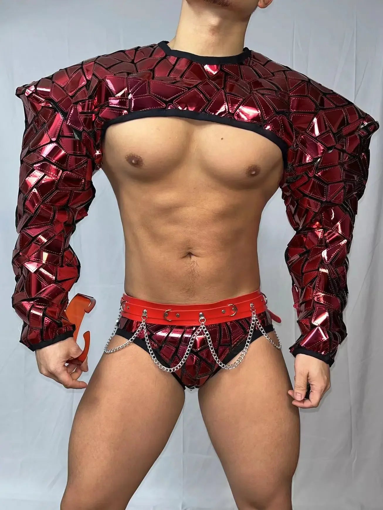 Club Party Show Performance costume Bar Nightclub sexy Technology show men RED Mirror Sequins Muscle Man Pole Dance Outfits