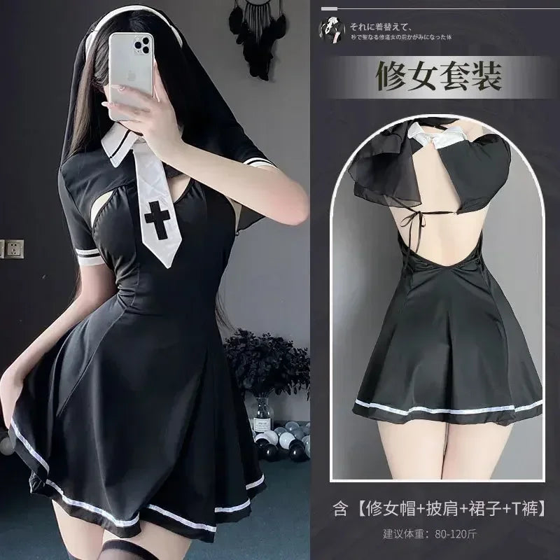 Halloween Costumes Sexy Nun Women Cosplay Lingerie Gothic Maid Anime Roleplay Outfits Tassel Carnival Fancy Dress Up Party