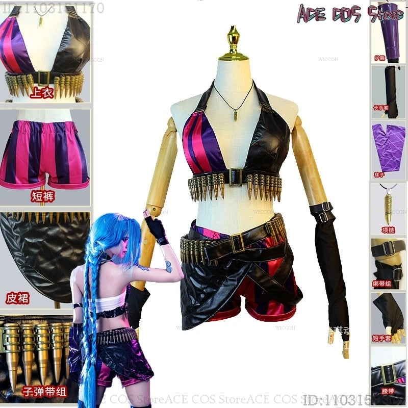 Game LOL Arcane Jinx Cosplay Costumes Wig Shorts Women bullets Decor Pow-Pow Powder Anime Game Halloween Party Roleplay