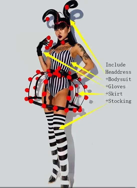Ashburn Black White Striped Bodysuit Ox horn Headdress Stage Outfit DJ Singer Nightclub Clothes Circus Clown Party Show Dance Costume