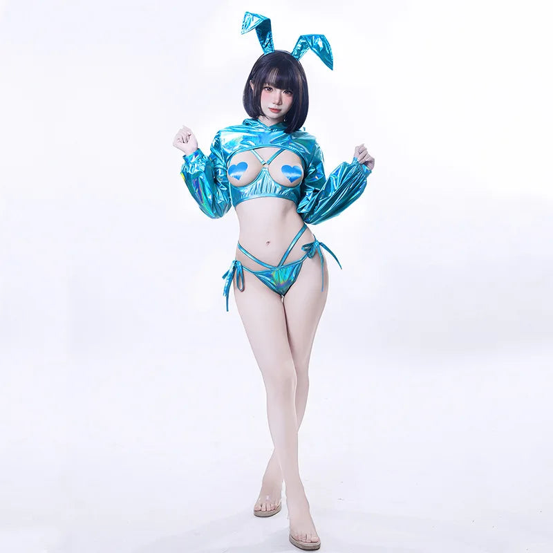 Anime Cute Bunny Girl Costumes Women Sexy Laser Leather Hooded Bodysuit Outfits Kawaii Rabbit Ears Uniform Bikini Set Nightdress