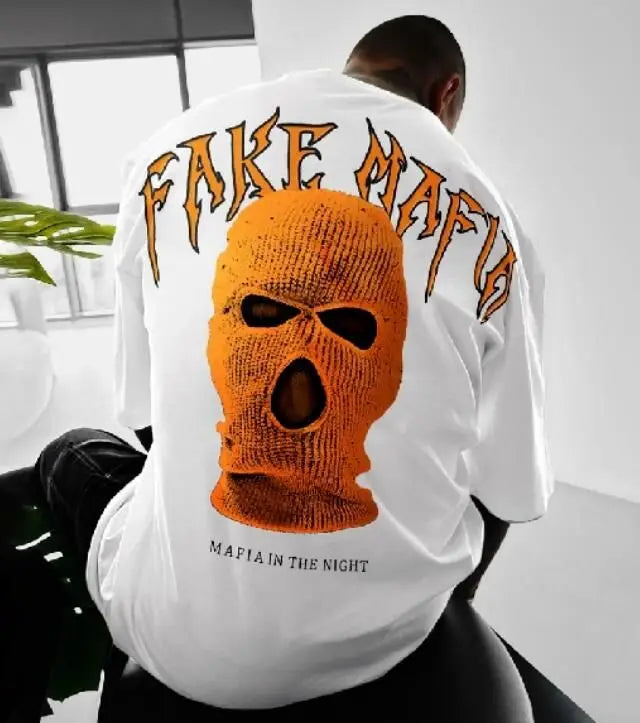 24/25 High-quality American High Street Masked Person Printed T-shirt for Men Oversized Loose Harajuku Short Sleeved Tops