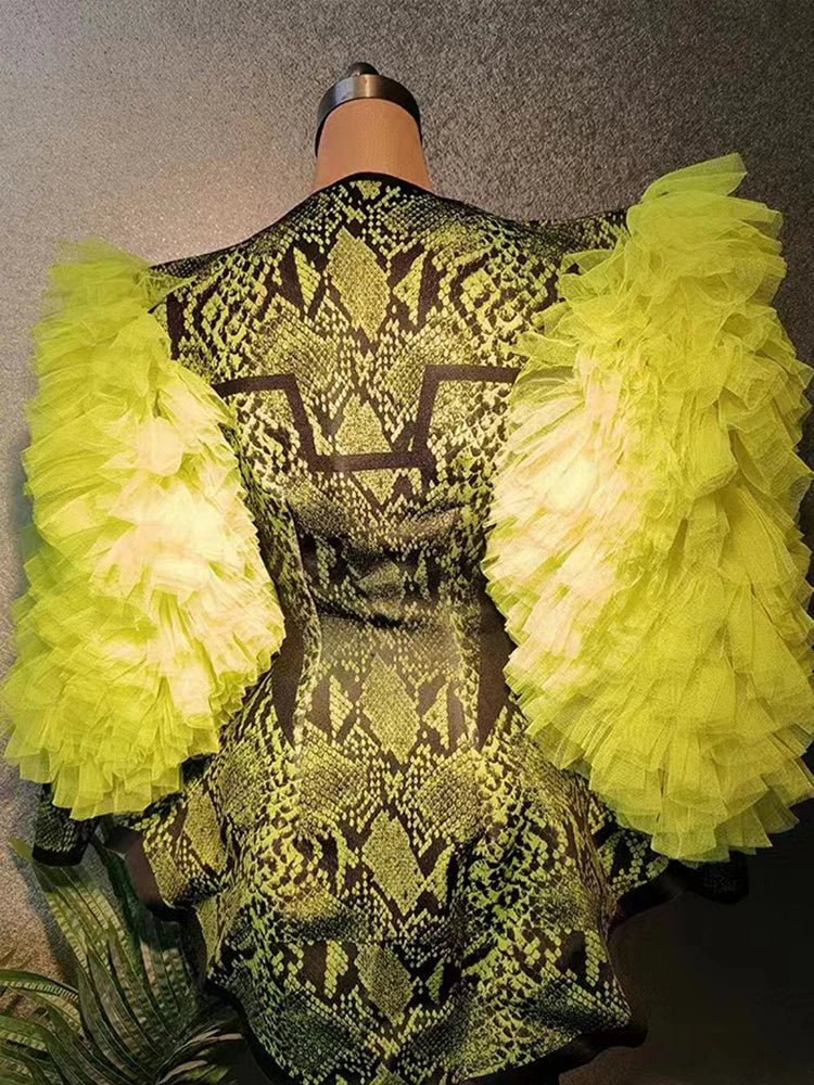 Mesh Puff Sleeve Suit LEG Cover Singer Stage Costume Green Snake Pattern Outfit Drag Queen Clothes Gogo Dancer Clothing VDB6343