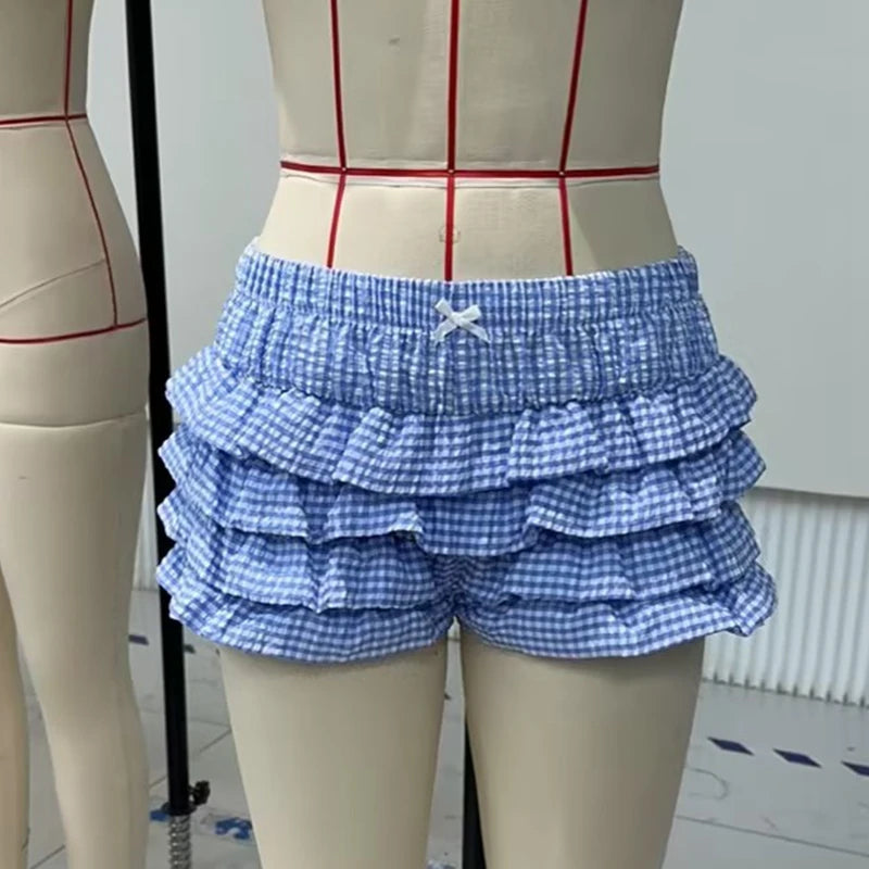 Lolita Cosplay Costume Y2K Vintage Plaid Print Bloomers Pants Cutest Layered Ruffles Shorts Women Low Waist Pumpkin Shorts