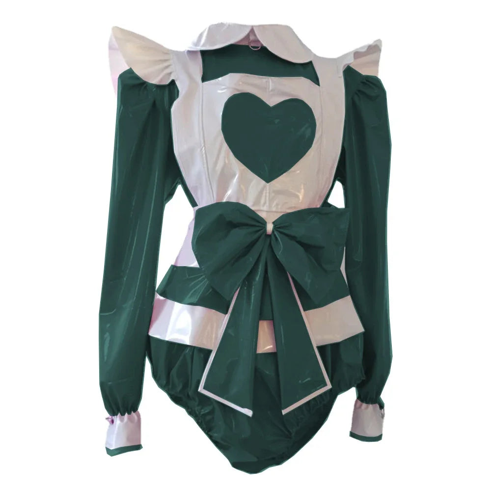 Long Sleeve heart Rompers Maid style with Big Bow Apron Spandex PVC Leather Cosplay Suits
