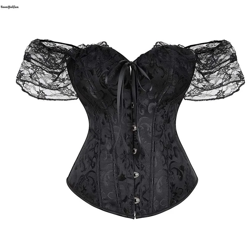6 Brooches 12 Plastic Bones Victorian Korsett Women Pink Red Apricot Green Blue Brown Black Lace Corset Top With Sleeve