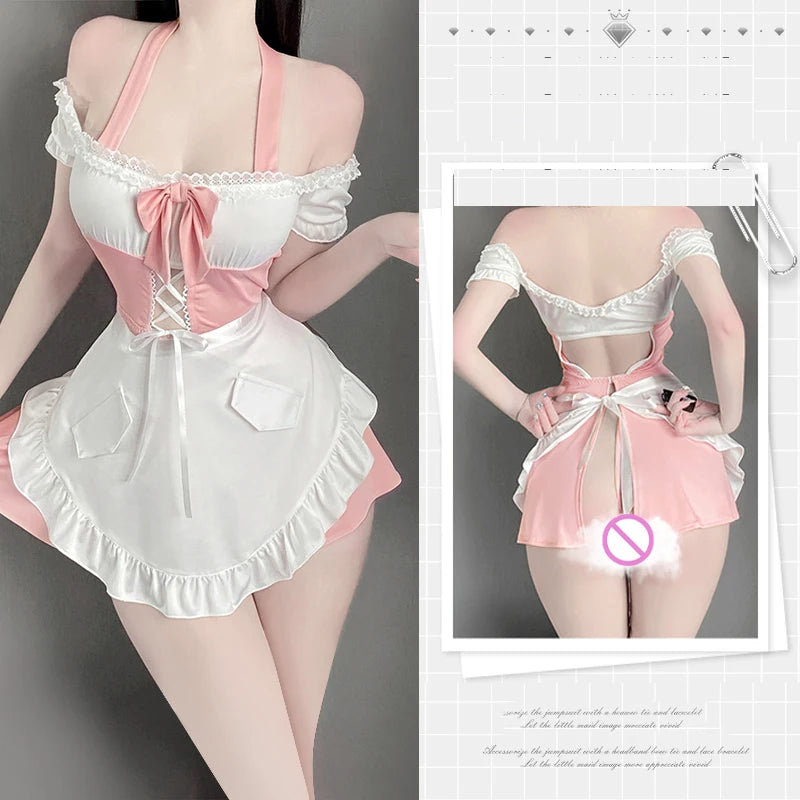 Women's Sexy Backless Lingerie Dress Maid Cosplay Uniform Underwear Costume Hot Babydoll Erotic Role Play Miniskirt Outfit Set