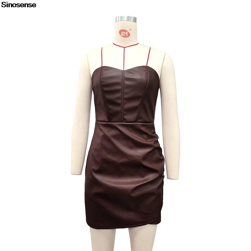 Women Bodycon Pu Leather Black Ruched Dress Sexy Strapless Faux Leather Tube Top Mini Dress Y2K Night Club Party Dress