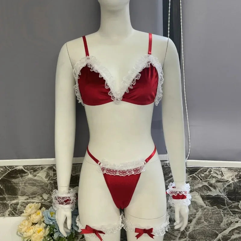 Toucheart Sexy Lingerie Set Valentine Sissy Ensemble Lingeries Femmes Velvet Ruffles Lace Seductive Beautiful Underwear Set New