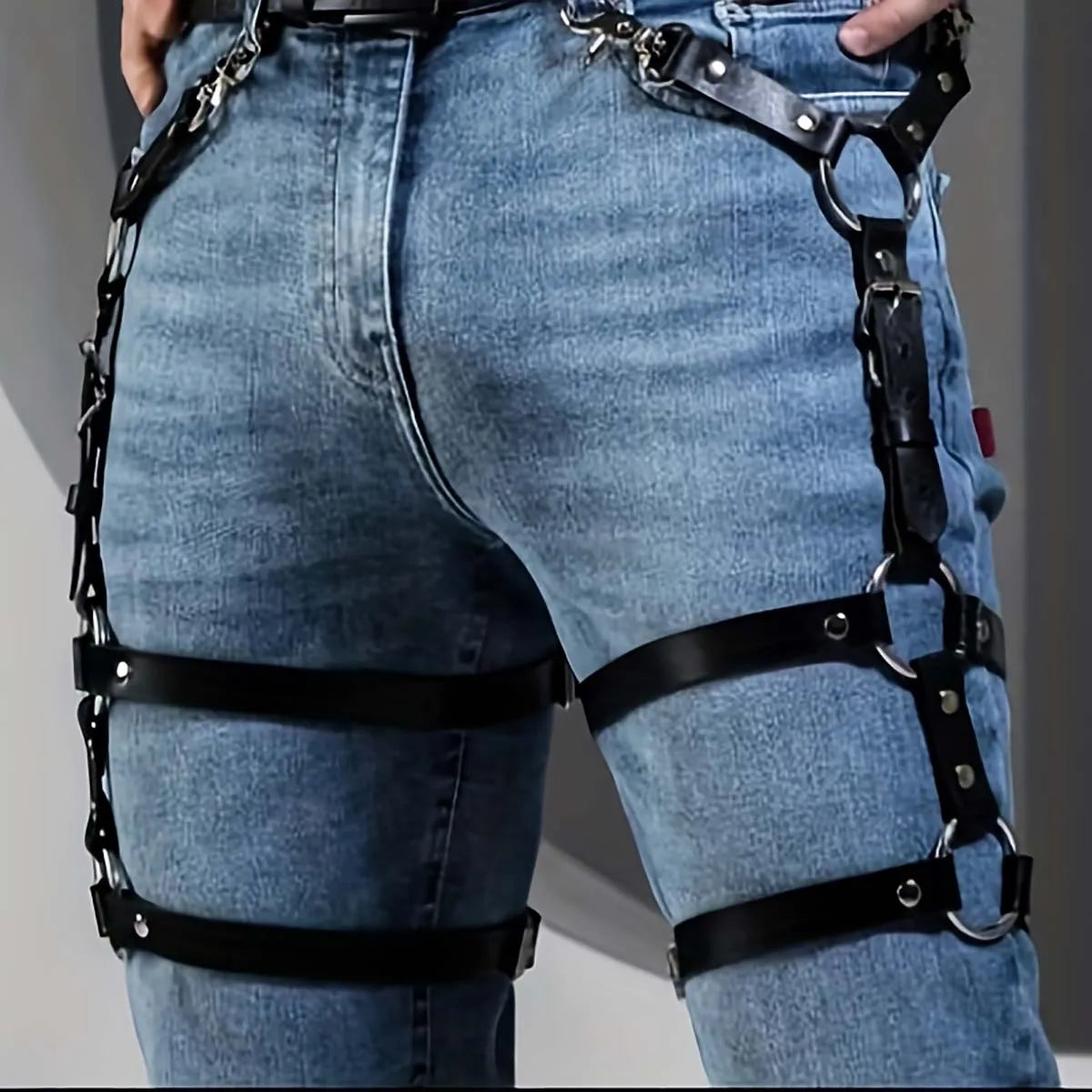 Punk Suspender Men Pu Leather Harness Garter Bondage Leg Belt Suspenders for Jeans Pants Gothic Accessories Adjustable Keychain