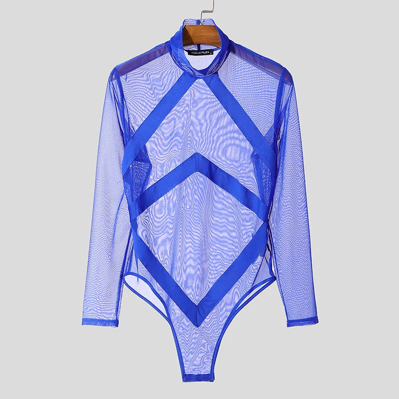 Fashion Casual Men's Jumpsuits INCERUN Perspective Mesh Splicing Strap Design Bodysuit Sexy Male Hot Selling Thin Homewear S-3XL