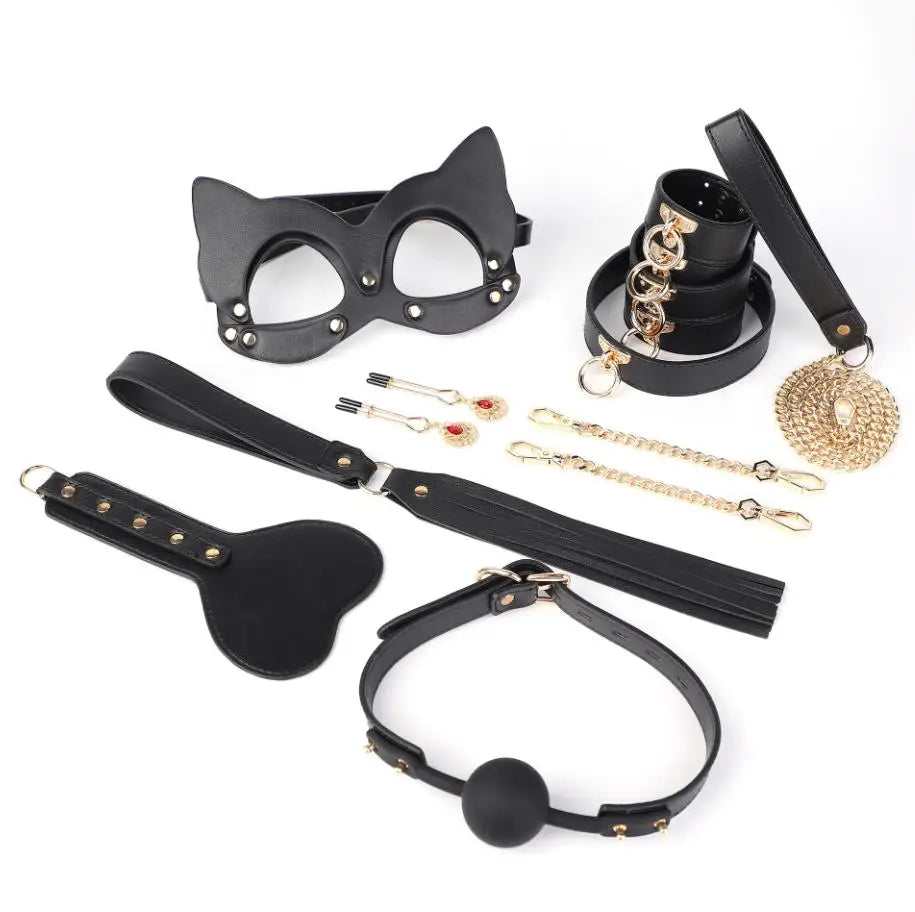Erotic Bed Bondage Kits Slave Restraint Bondage Set Genuine Leather Collar Gag Whips Handcuffs Adult Sex Toys For Women Couples