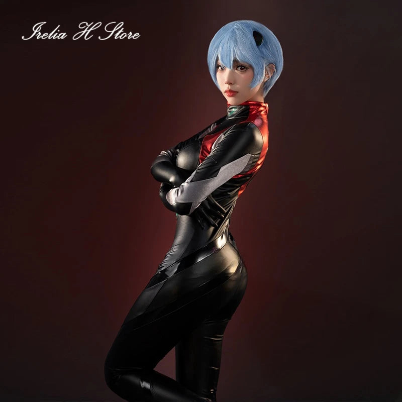 in stock Irelia H Anime Ayanami Rei Cosplay Costume Ayanami Rei PU Black Jumpsuit Halloween Costume