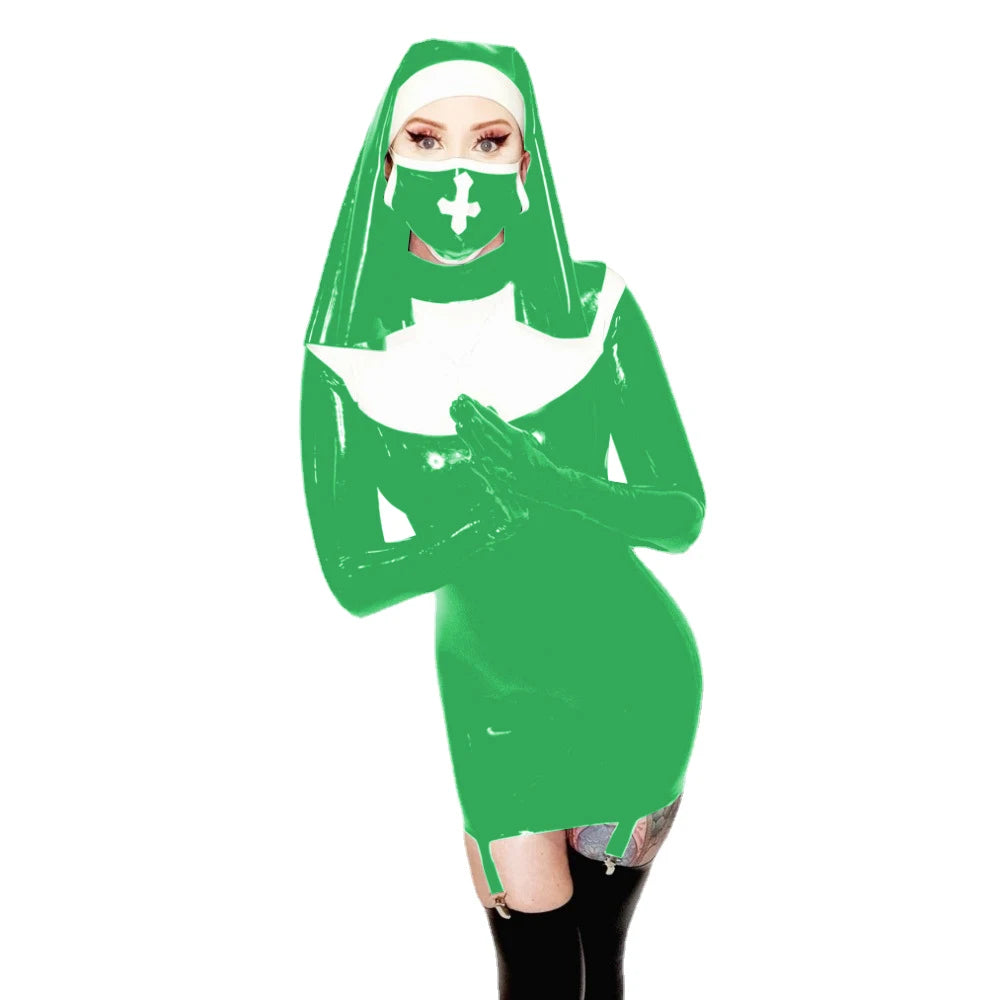 Sexy Nun Cosplay Long Sleeve Bodycon Mini Garter Dress Vinyl PVC Leather High Neck Nun Dress Outfit Halloween Nun Uniform Suit