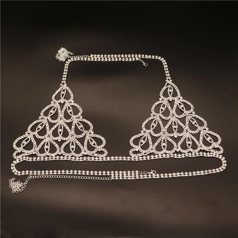 Fashion Sexy Rhinestone Heart Body Chain Harness for Women Luxury Lingerie Bling Bikini Bra and Thong Set Jewelry