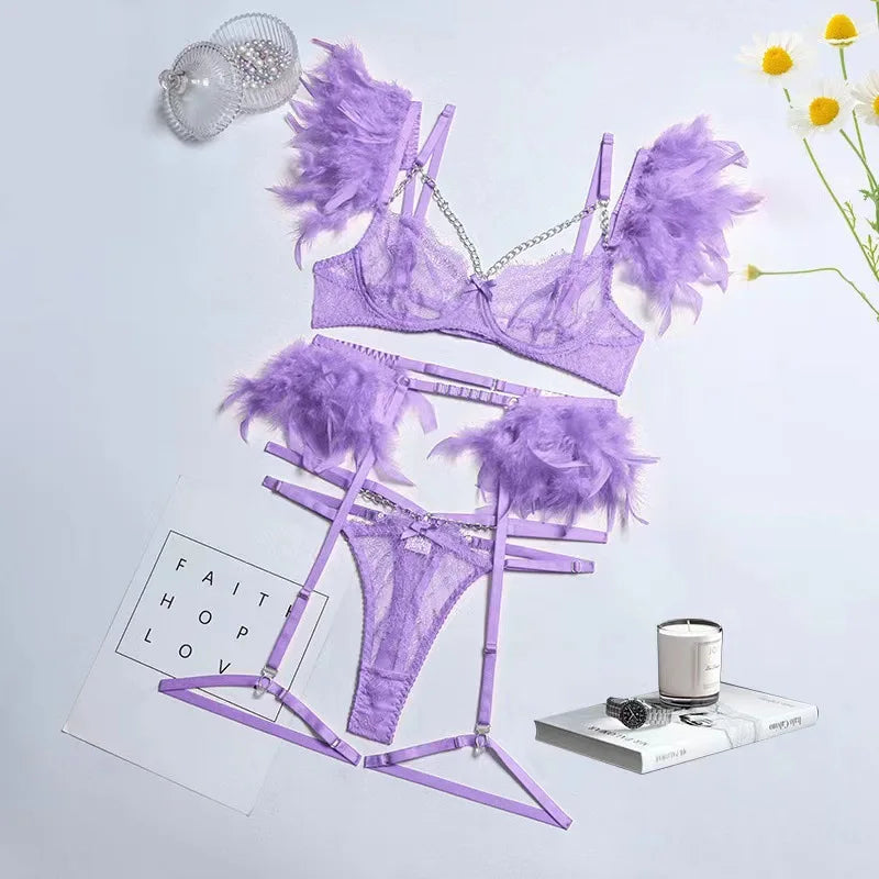 Toucheart 4 Piece Set Fun Lingerie For Women Feather Lace Splicing Chain Sexy Slim Mesh See-Through Sexy Lingerie Garters Suit
