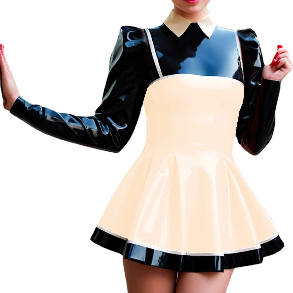 Wetlook-Glossy PVC Patchwork Mini Dress, Lapel Neck, Puff Sleeve, A-line Dress, Faux Latex, Long Sleeve, High Street, Party Club