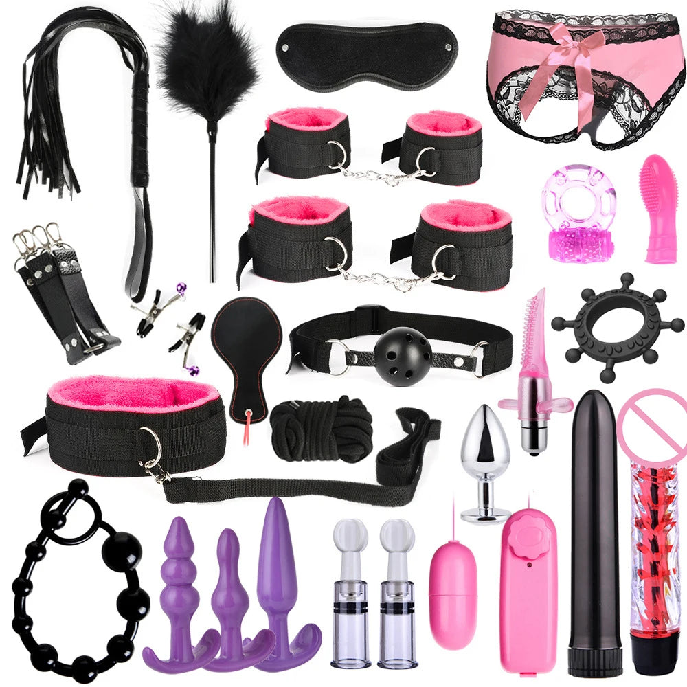 Sextoy Bdsm Kit Set Vibrator Handcuff Neck Sex Toy Adult Couple Whip Anal Buttplug for Women Men Intimate Sexual Game Bondage