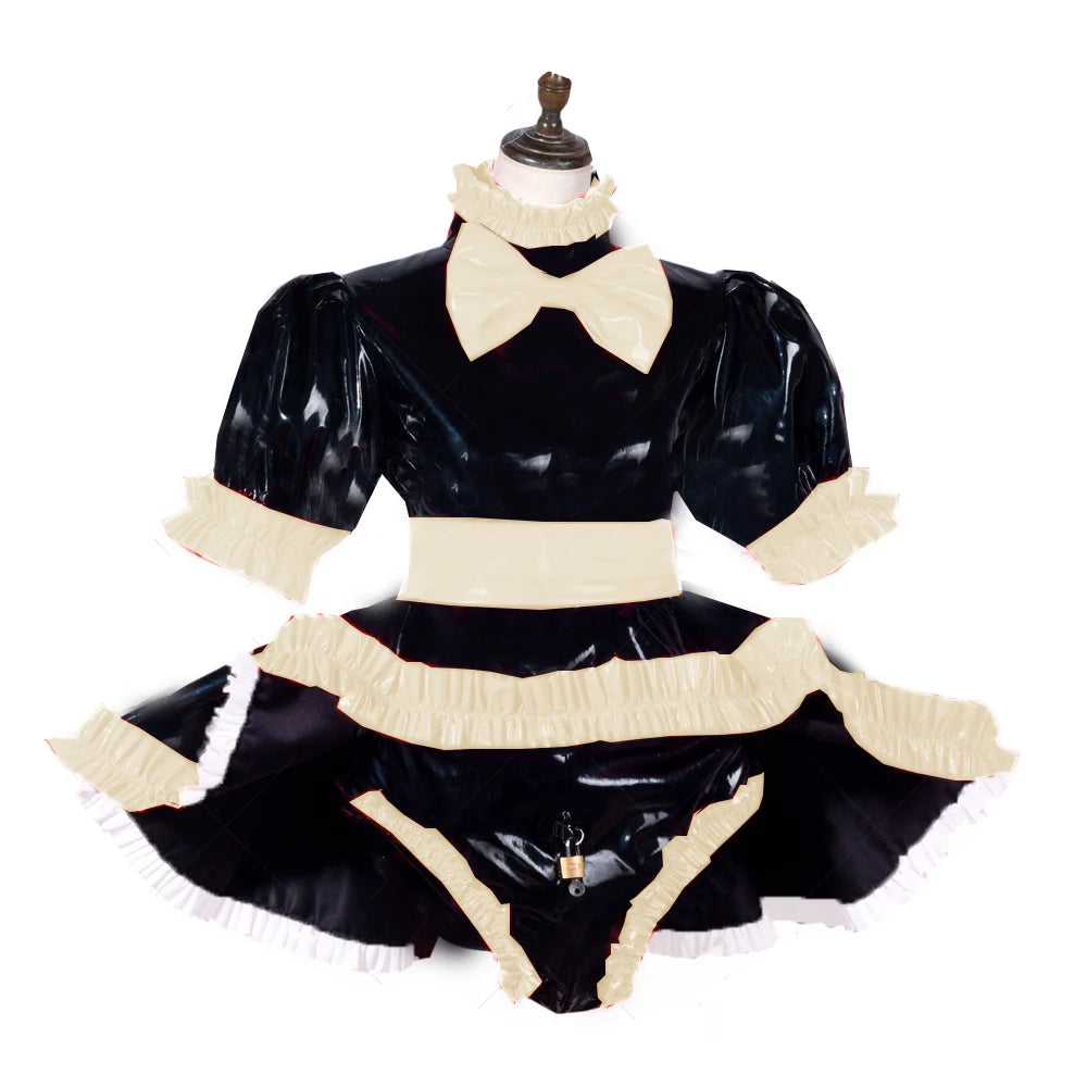lockable dress Role Play Maid Dress with Apron Lockable Panties French Sissy PVC Short Sleeved Dress Lockable Uniform XS-7XL