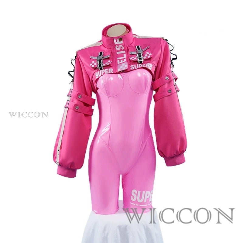 Game Nikke Alice Cosplay Costume Wig Shoes Sexy Latex Catsuit Bodysuit Pink Jumpsuit Jacket Suit For Women Girls Maillot