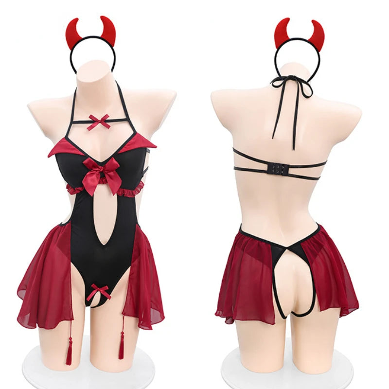 Sexy Demon Hollow Bodysuit Cosplay Costume Red Witch Nightdress Cute Girl Underwear Role Play Lingerie Women Outfits Nightgown