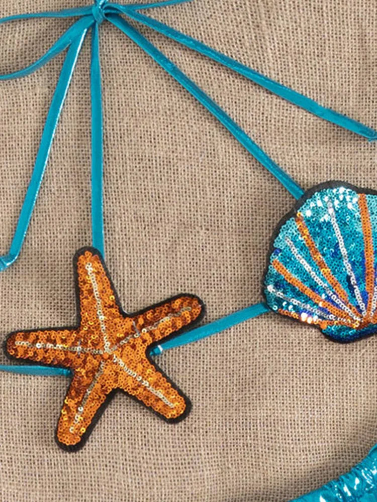 Women Sexy Laced Up Backless Pleate Thong Swimsuit 2025 New Summer Swimwear Shiny Sequin Shell Starfish Bikini 2 Piece Set