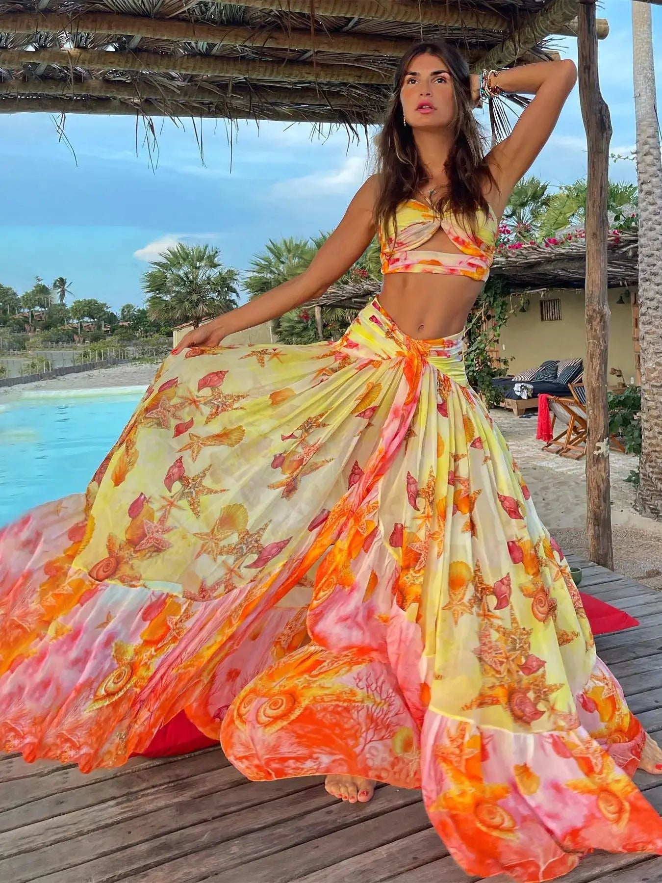 Sexy Print Three Piece Bikini Set Padded Bra High Waist Beach Skirt Swimwear Summer Beach Holiday Bathing Suit