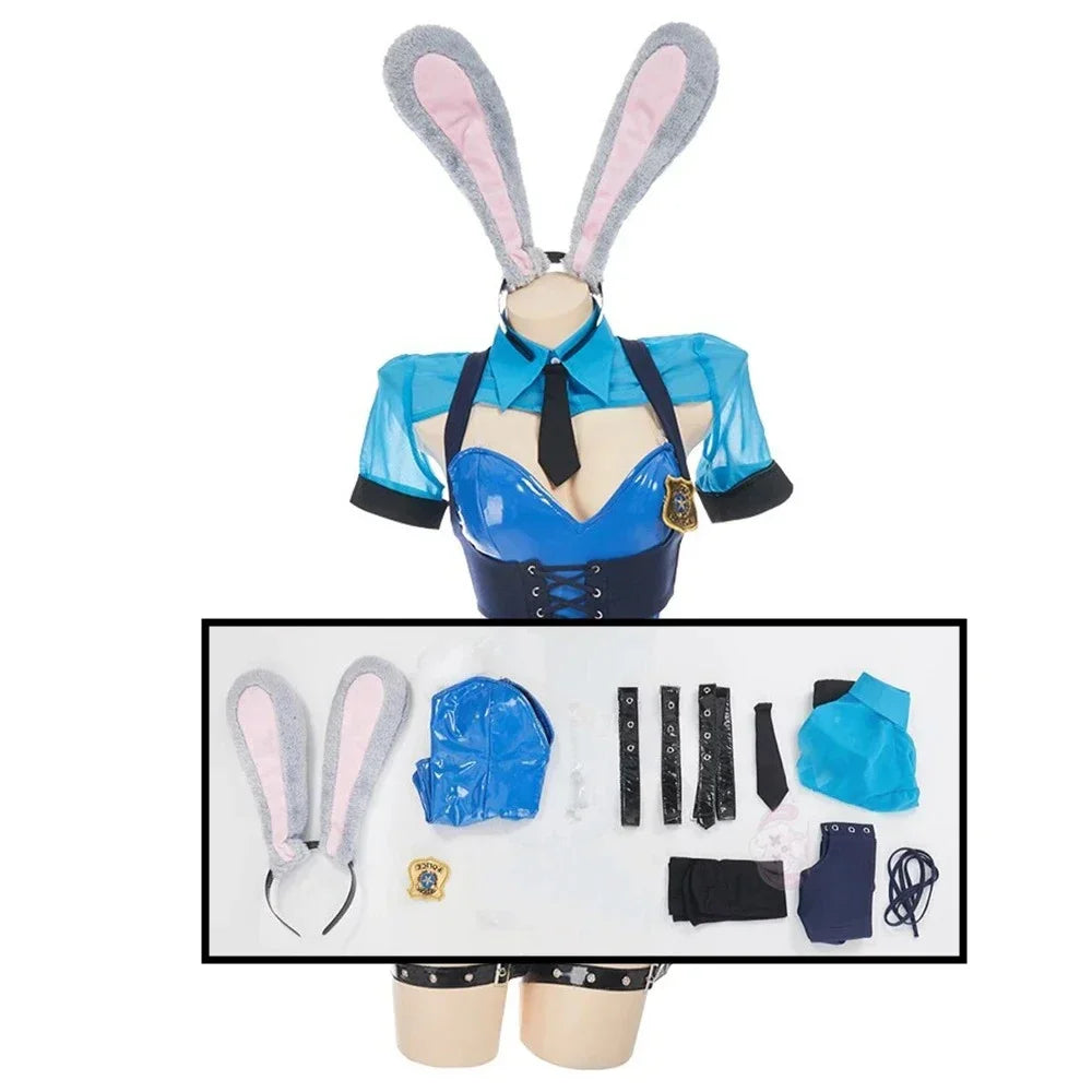 Anime Judy Cosplay Bunny Girl Costume Sexy Catsuit movie role Play Girls PU Leather Uniform Ear headdress Halloween party