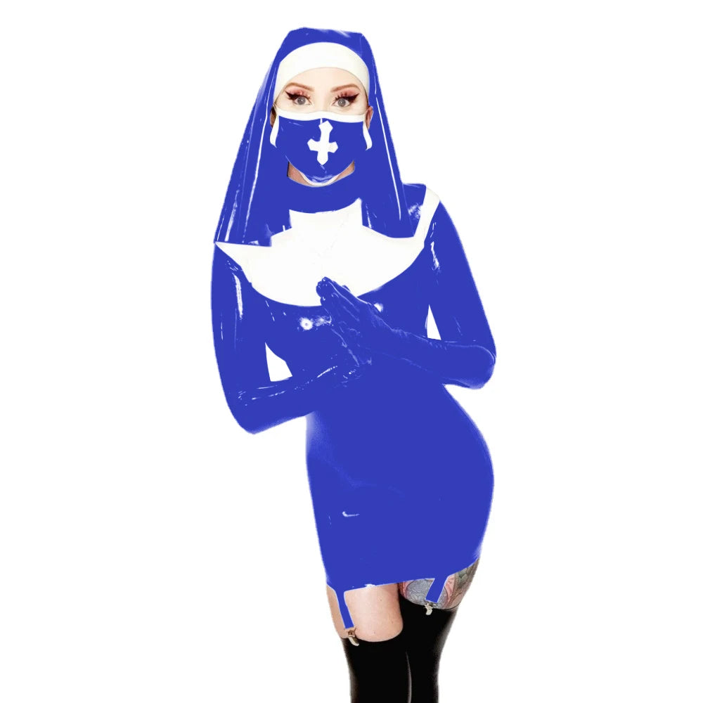 Sexy Nun Cosplay Long Sleeve Bodycon Mini Garter Dress Vinyl PVC Leather High Neck Nun Dress Outfit Halloween Nun Uniform Suit