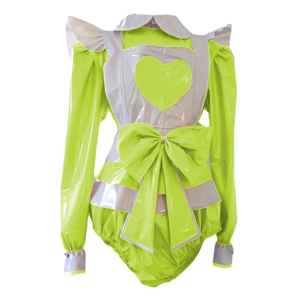 Long Sleeve heart Rompers Maid style with Big Bow Apron Spandex PVC Leather Cosplay Suits