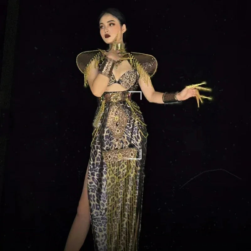 Sexy Gogo Dancer Costumes Halloween Festival Outfit Women Stage Show Rave Wear Gold Leopard Cutout Top Fringed Skirt