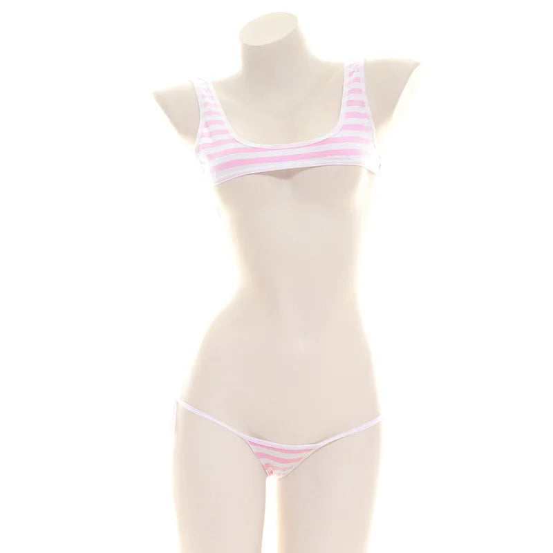 2025 Striped Halter Micro Bikini Set Lolita Kawaii Swimsuit Backless String Tied Bathing Suit