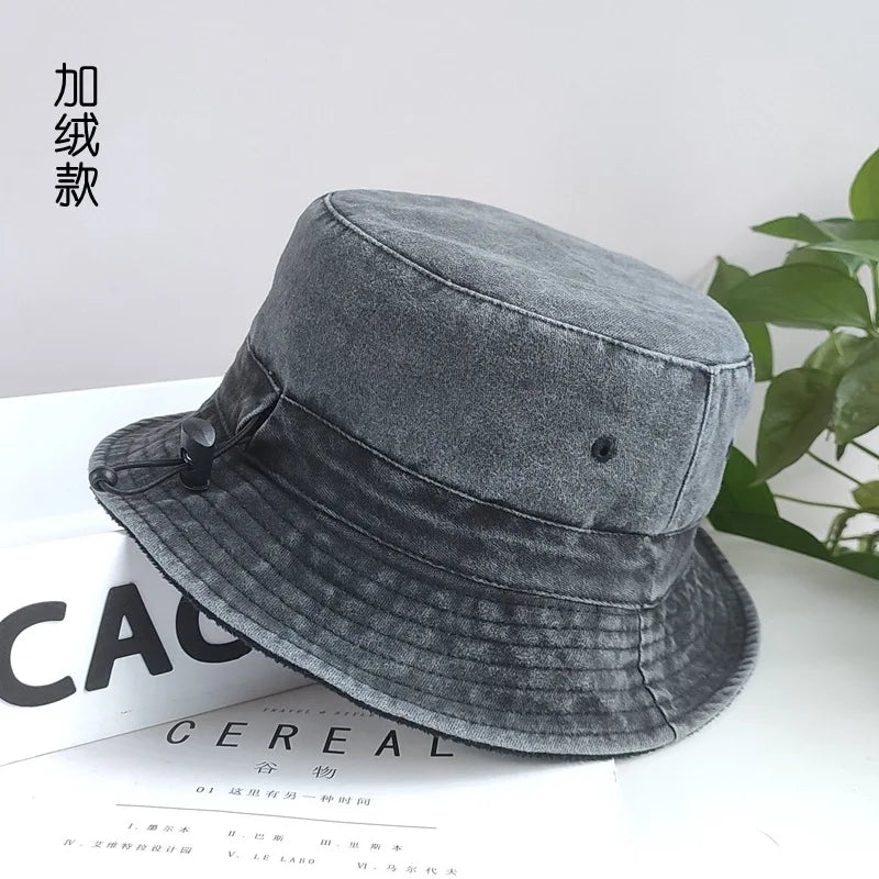 Bucket Hats with Thin Fleece Lined for Men and Women, Oversized Caps, Cotton Stone Washed, Big Head, XXXL, 59-62cm, 63-64cm