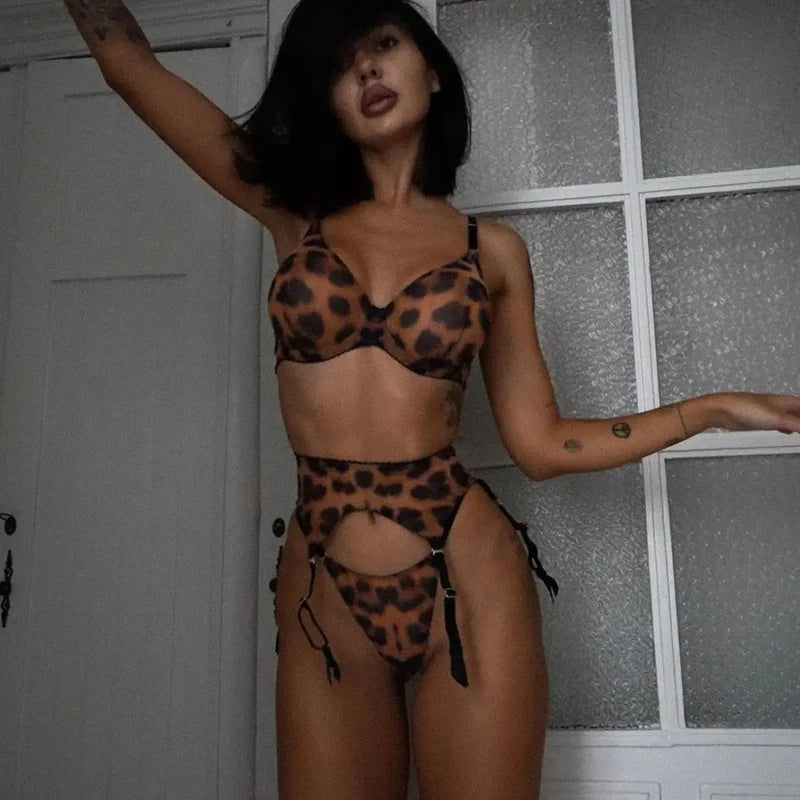 Toucheart 6-piece Push-Up Bra and Stockings Set Leopard Lingerie Sexy Support Seamless Hot Girl Underwear Bra Matching Sets New