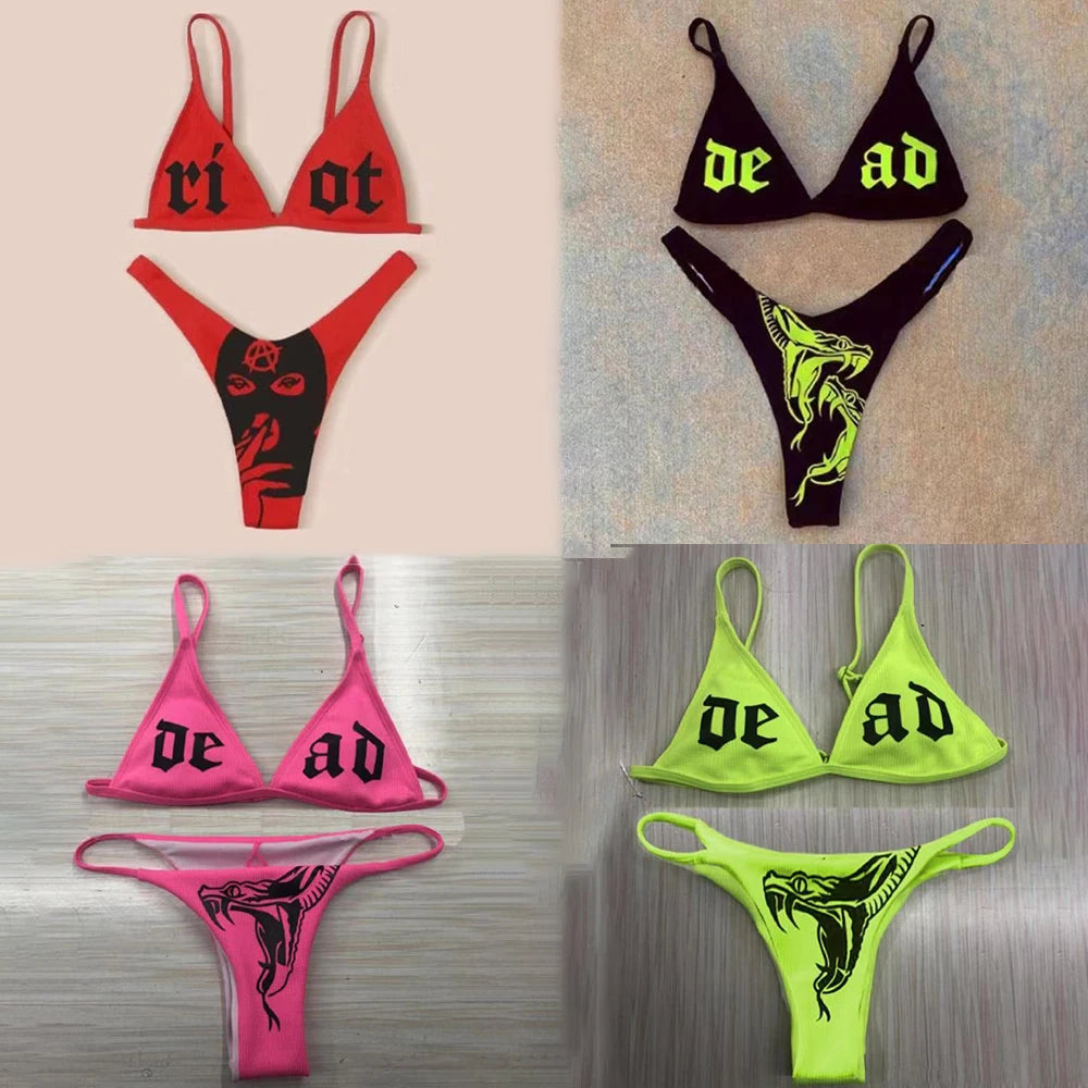 Gothic Bikini 2025 Women Letters Snake Print Bra Triangle Bottom Swimsuit Split Bathing Suit Underwear Y2K Bikinis Punk Swimwear