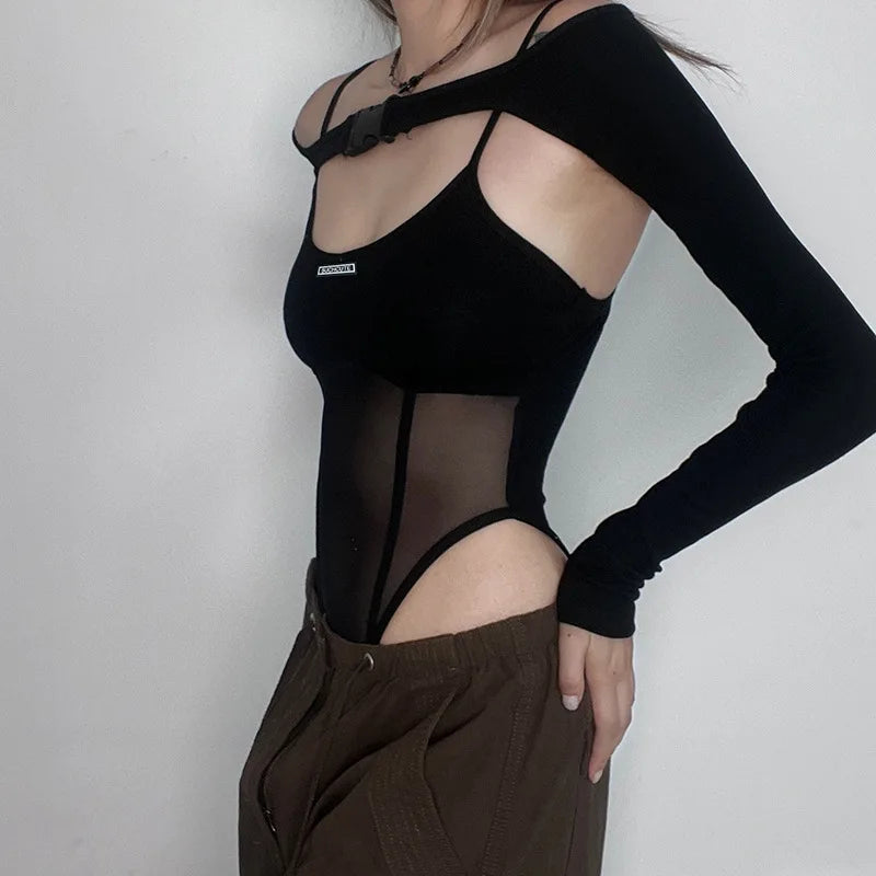 Goth Dark Mesh Patchwork Sheer Y2k Punk Sexy Bodysuits Cyber Gothic Buckle Bodycon Crop Tops Women Backless Bodysuit 2 Piece Set