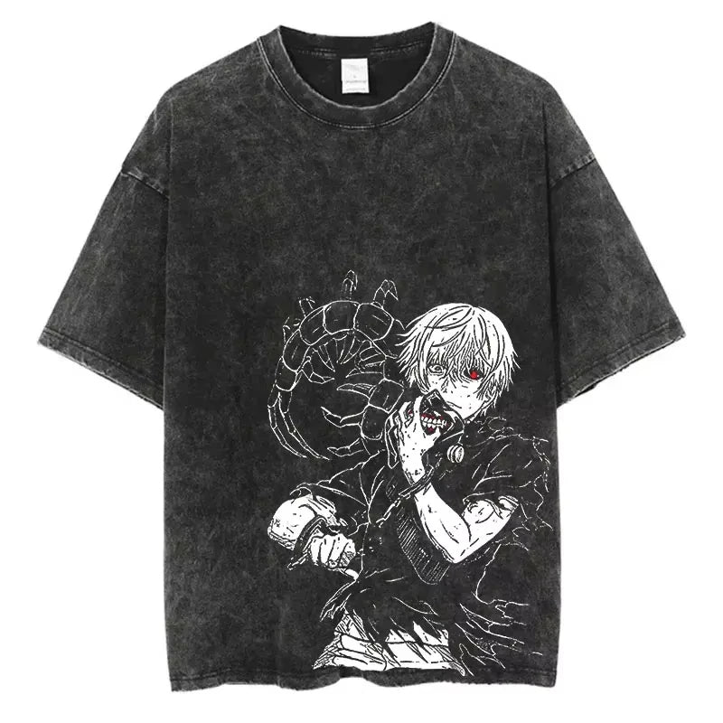 Vintage Black Washed Cotton Tees Shirts Anime Graphic Tshirts for Men Women Casual Short Sleeve Tops Cosplay Hip Hop Streetwear