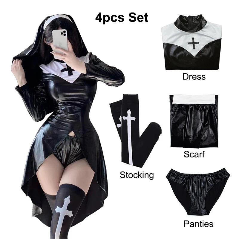 Sexy Gothic Latex Nun Costume Halloween Black PU Leather Sister Role Play Outfit High Split Cross Dress Club Party Women Cosplay