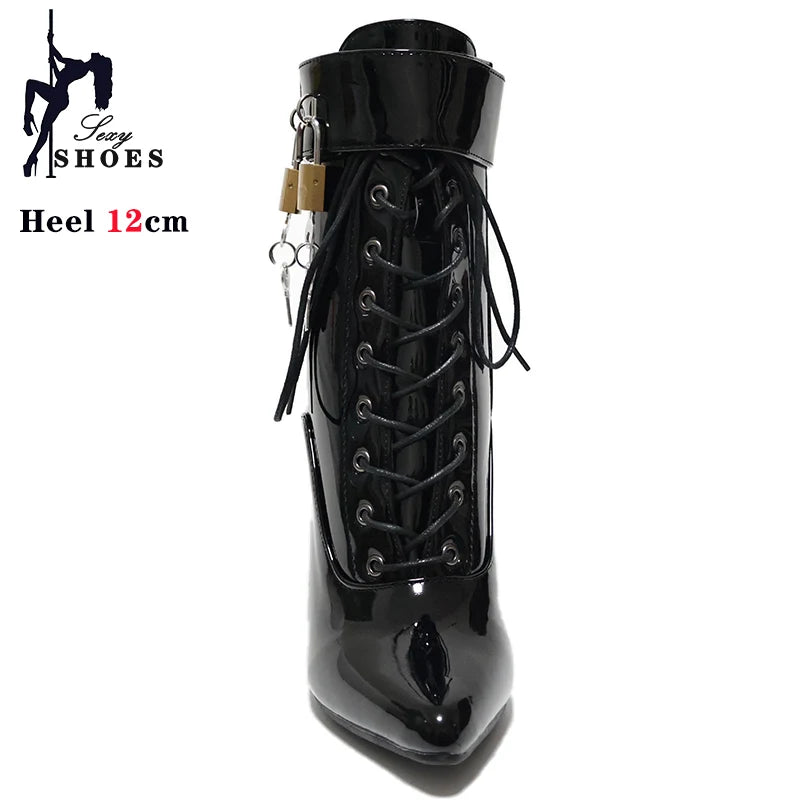 New High Heel 12cm Stilleto Sexy Ankle Boots Pointed Toe Two Lockable Padlocks Women Shoes T Show Thin High Heels Plus Size