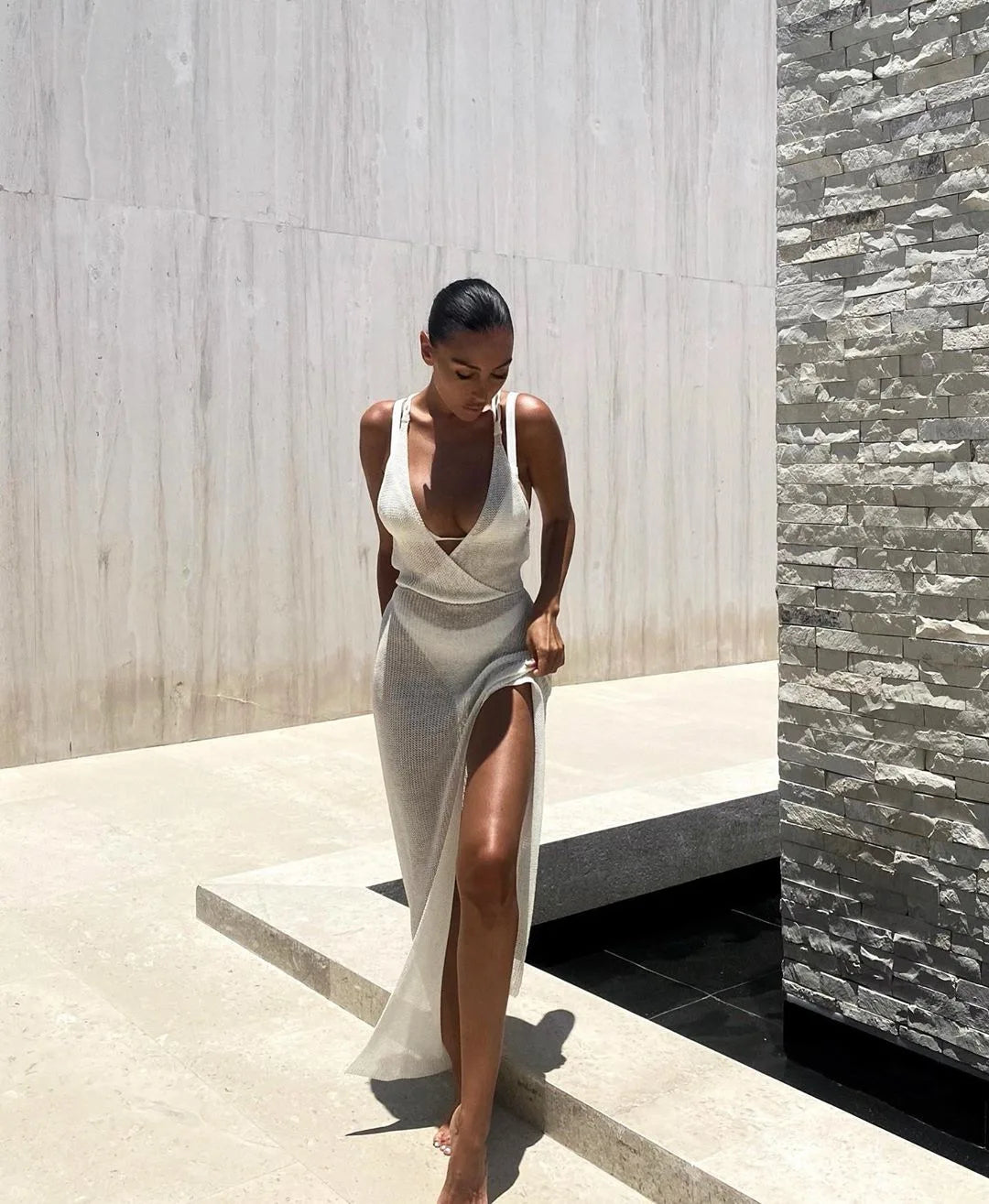 Melphieer 2024 Knit White Beach Dress Maxi Beach Cover up Woman Swimwear Bikini Tunic Maxi Hollow Out Backless Beachwear Outfit