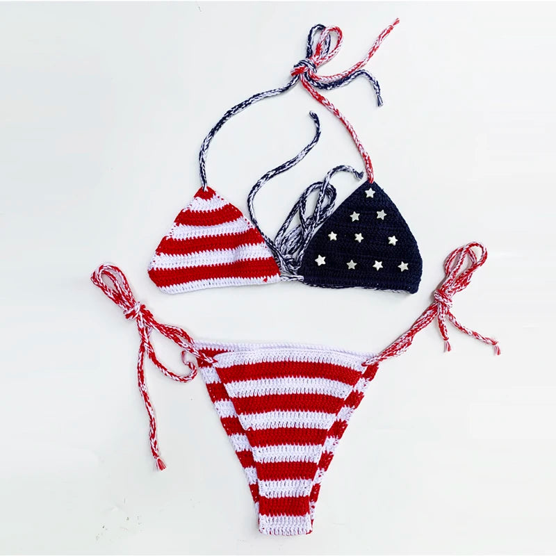 ASHBURNS USA American Flag Bikini Bathingsuit The Stars And The Stripes Handmade Crochet Beachwear Women String Bikini Set Two-Pieces