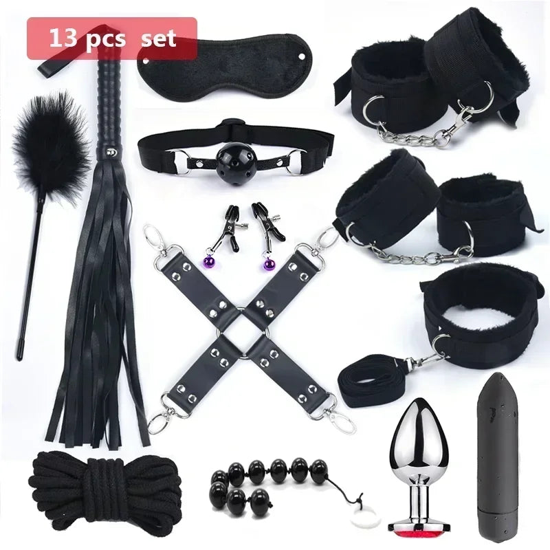 ASHBURN Bdsm 10 Speeds Vibrator Bondage Set Metal Sex Toys for Women Men Handcuffs Sex Nipple Clamps Whip Spanking Rope