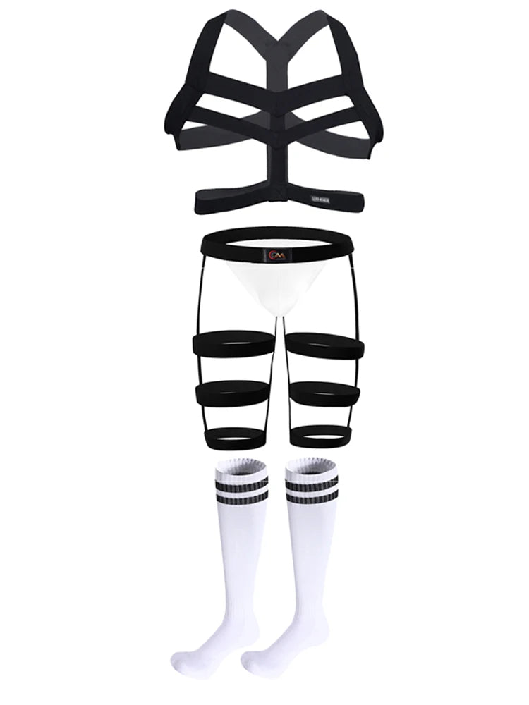 CLEVER-MENMOD Men Sexy Porn Halterneck Chest Briefs Stockings Set Jockstrap BDSM Harness Lingerie Exotic Sissy 18+ Adult Costume