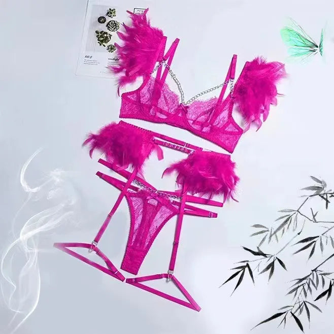 Toucheart 4 Piece Set Fun Lingerie For Women Feather Lace Splicing Chain Sexy Slim Mesh See-Through Sexy Lingerie Garters Suit