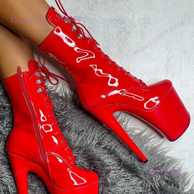 Sky Blue Light Platform Lace Up Calf Boots Women Pole Dancing 6/7/8 Inches Custom Color Round Sexy Booties Stiletto Party Shoes