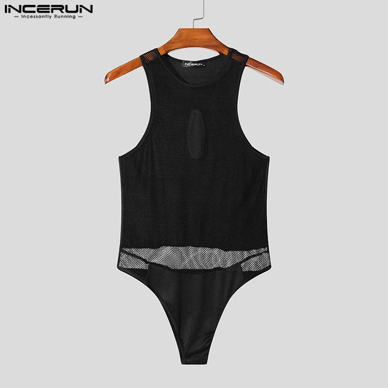 Sexy Stylish Style Homewear INCERUN Men Mesh Hollow See Through Jumpsuits Casual Fashion Patchwork Sleeveless Triangle Bodysuits