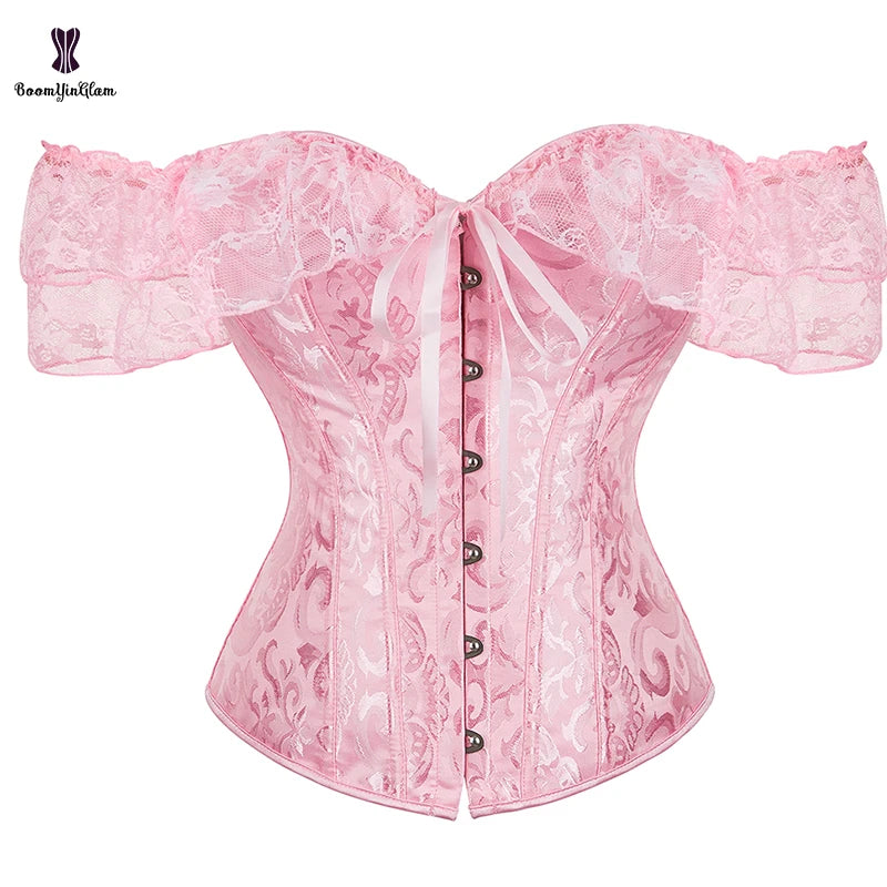 6 Brooches 12 Plastic Bones Victorian Korsett Women Pink Red Apricot Green Blue Brown Black Lace Corset Top With Sleeve