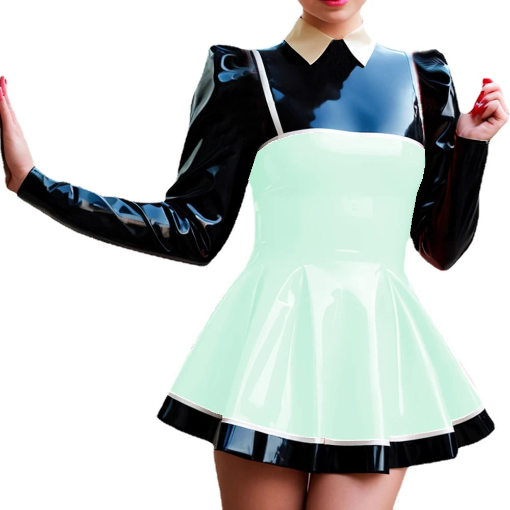 Wetlook-Glossy PVC Patchwork Mini Dress, Lapel Neck, Puff Sleeve, A-line Dress, Faux Latex, Long Sleeve, High Street, Party Club