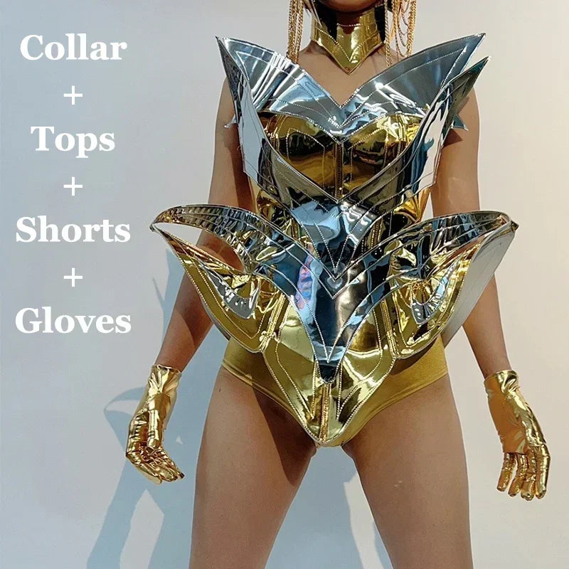 ASHBURN™ Mirror Goddess Set – 3 Piece Gold or Silver Armor Bra + Skirt + Wide-Leg Leg Covers | Festival Dancewear
